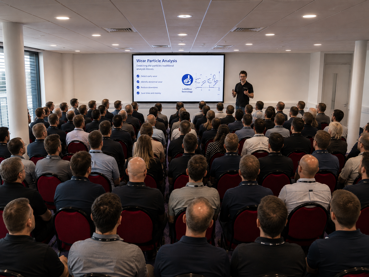 A full audience watching a reliability presentation in the lecture theatre