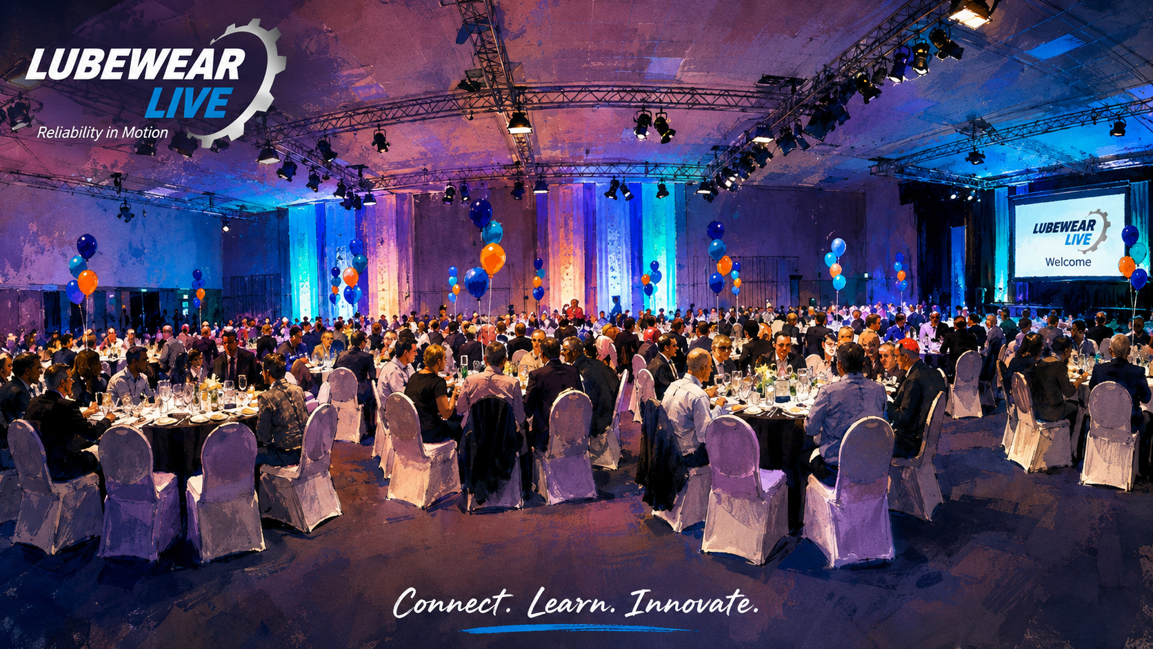 The LubeWear Live welcome evening — dinner tables, balloons and stage lighting