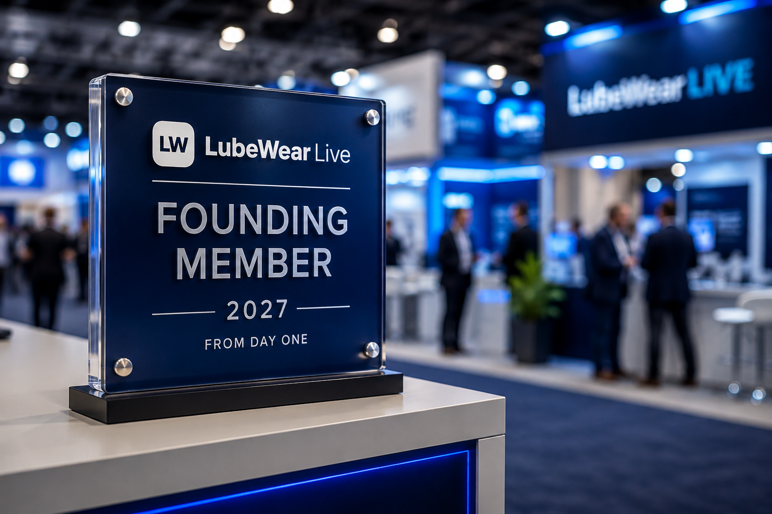 A LubeWear Live Founding Member 2027 plaque — 'from day one' — displayed on an exhibition stand