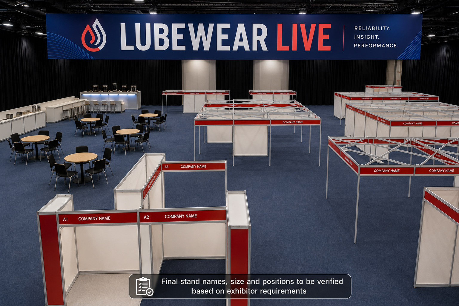 The main arena floor set out with exhibitor stands and networking tables